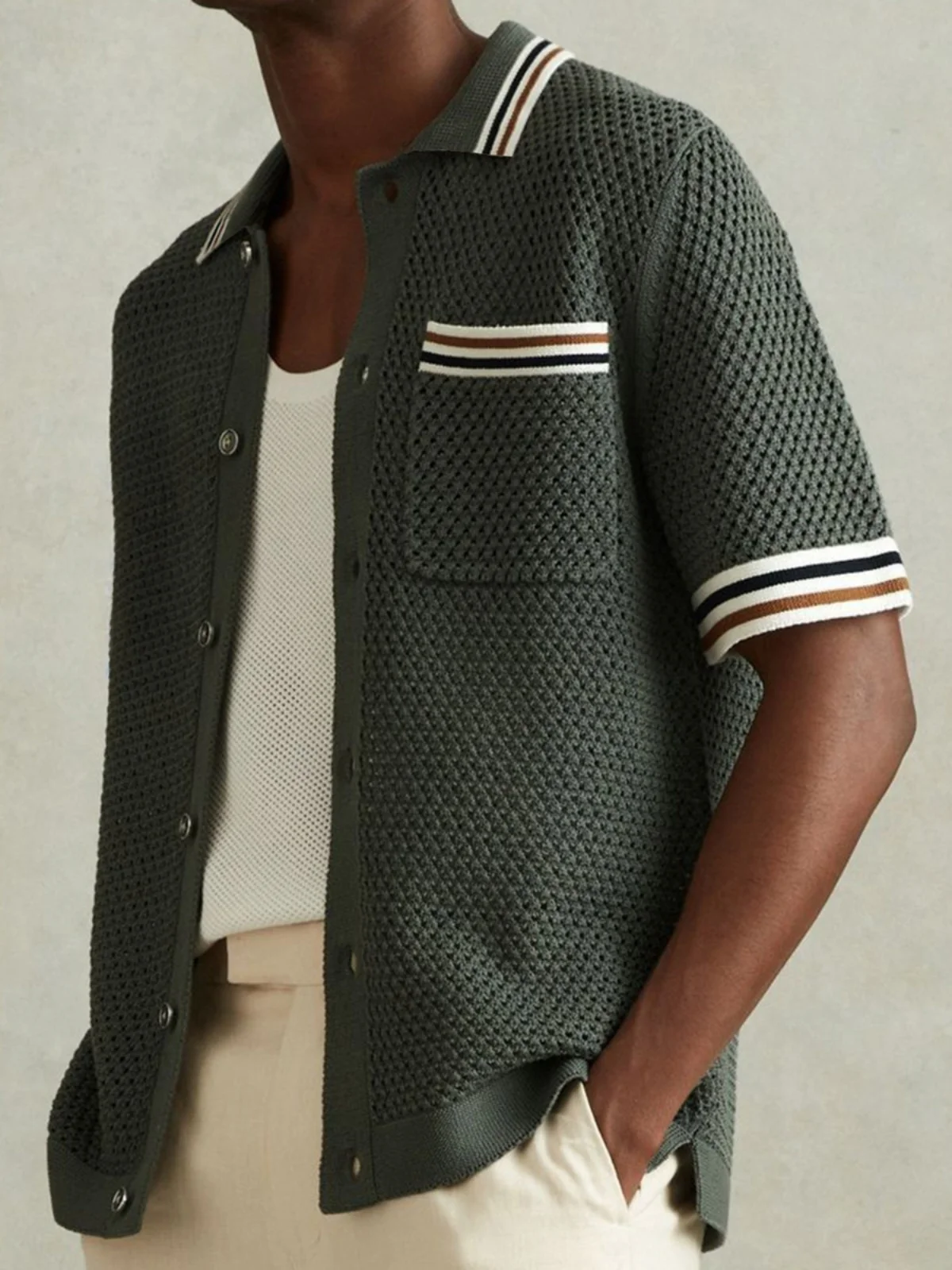 

Men's Summer Hollow Knitted Cardigan Casual irt ort Sve Striped Pattern Basic Sle Versatile for All Seasons