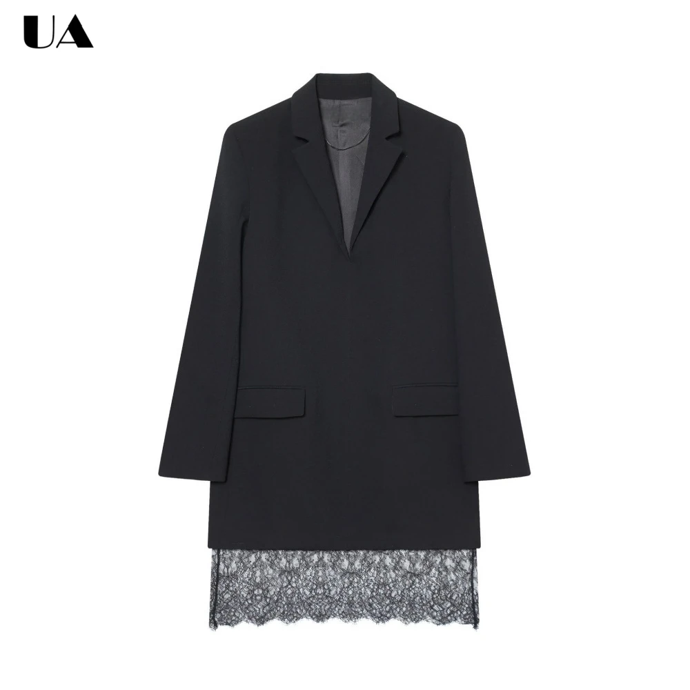 

Trendy Loose Notched Neck Mini Dress with Lace Hem, Elegant Long Sleeve Short Dress, Fashionable Solid Cocktail Party Dress