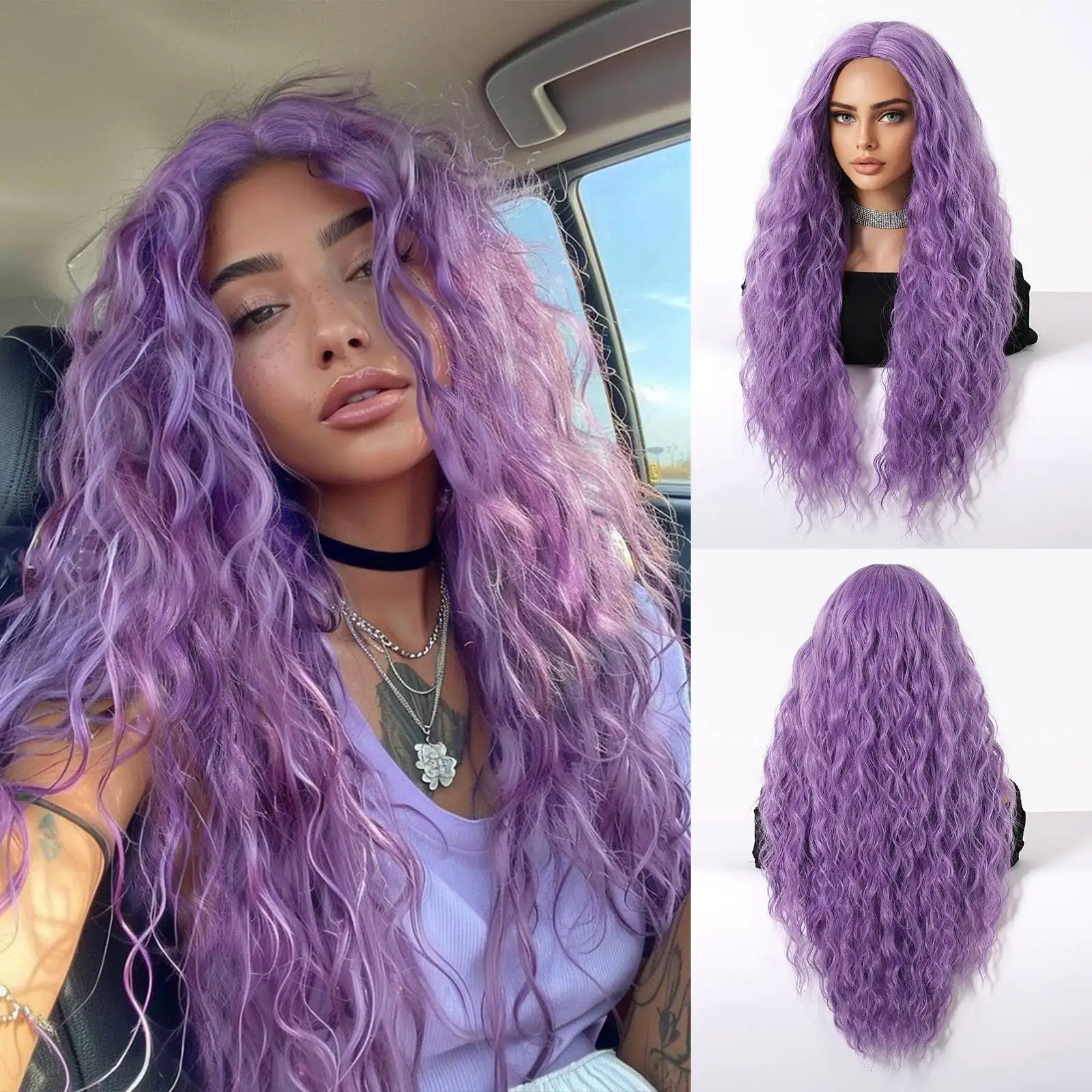 

26 Inch Long Purple Wavy Synthetic Wigs for Women, Heat Resistant, Natural Middle Part, for Cosplay & Daily Use