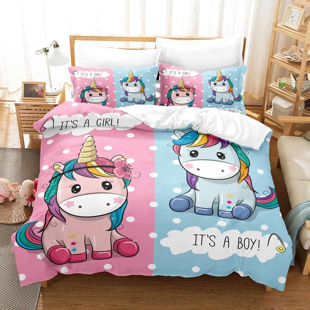 

Cartoon Unicorn Cute Pink Blue Fairy Tale Animals Bedding Set Boys Girls Twin Queen Size Duvet Cover Pillowcase Bed Kids Adult