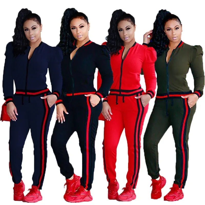 

fashion webbing multi-color lantern sleeves casual sports women's suit two-piece set two piece sets womens outifits