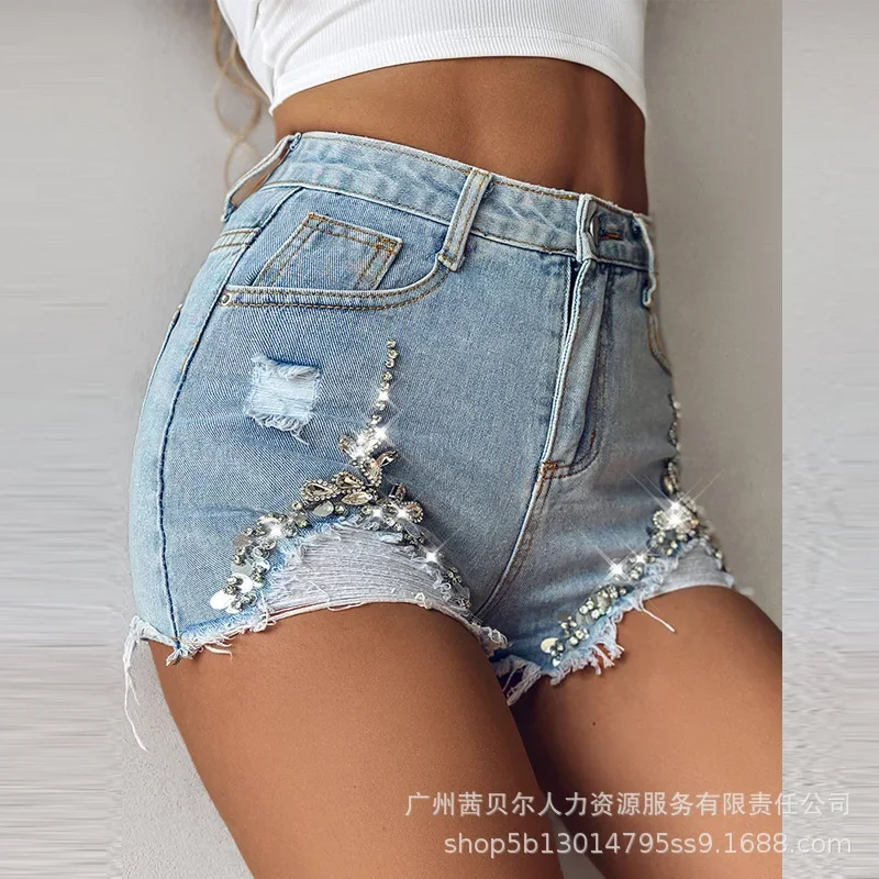 Rhinestone Ripped Denim Shorts Jeans Women Pants Casual Slim Pant High Waist Elegant Splice Y2k Pocket Club Trousers Summer