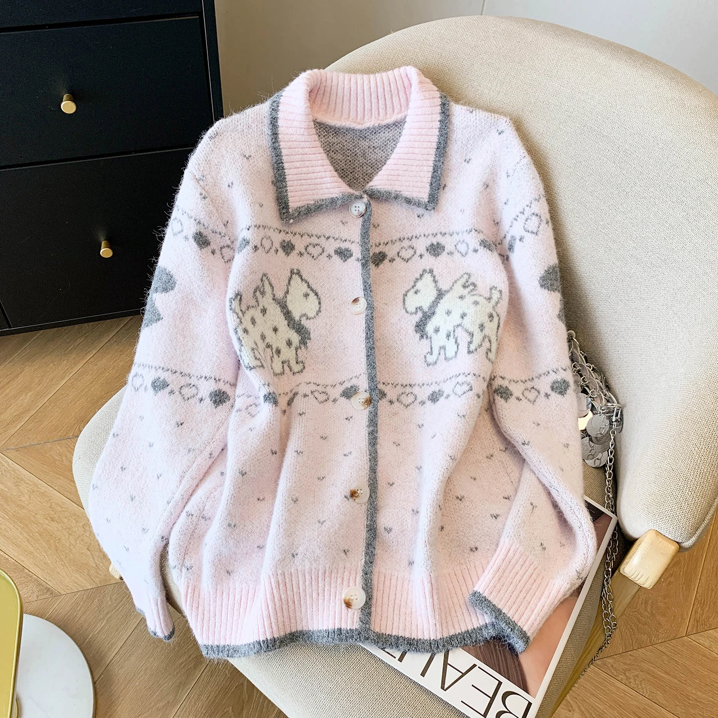 

Cartoon Knitted Pink Open Cardigan Women's Loose Long Sve Sweater Outerwear Korean Sle Lazy Faion Early Autumn New Arr...