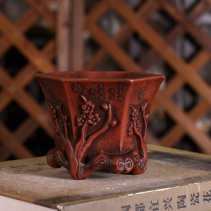 Purple Sand Plum Blossom Flower Pattern Bonsai Pot,Vase, Traditional China Carved,Chinese Classical Table, Home Decoration