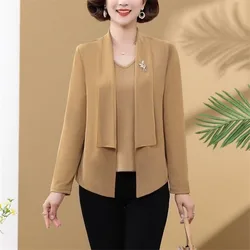 Womens Long Sleeve T-shirt Long Sleeve Spring Autumn Middle-aged Mothers knitting Fake Two Piece solid color Tops