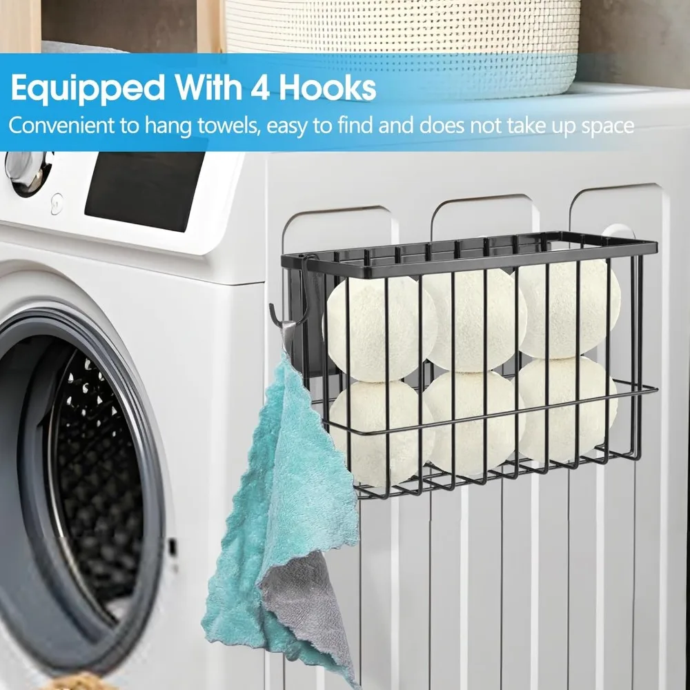 رف منظم غرفة الغسيل المغناطيسي، رف تخزين أسود غير لامع للغسالة أو جانب المجفف - حامل مغناطيسي، بدون مثقاب - يتضمن