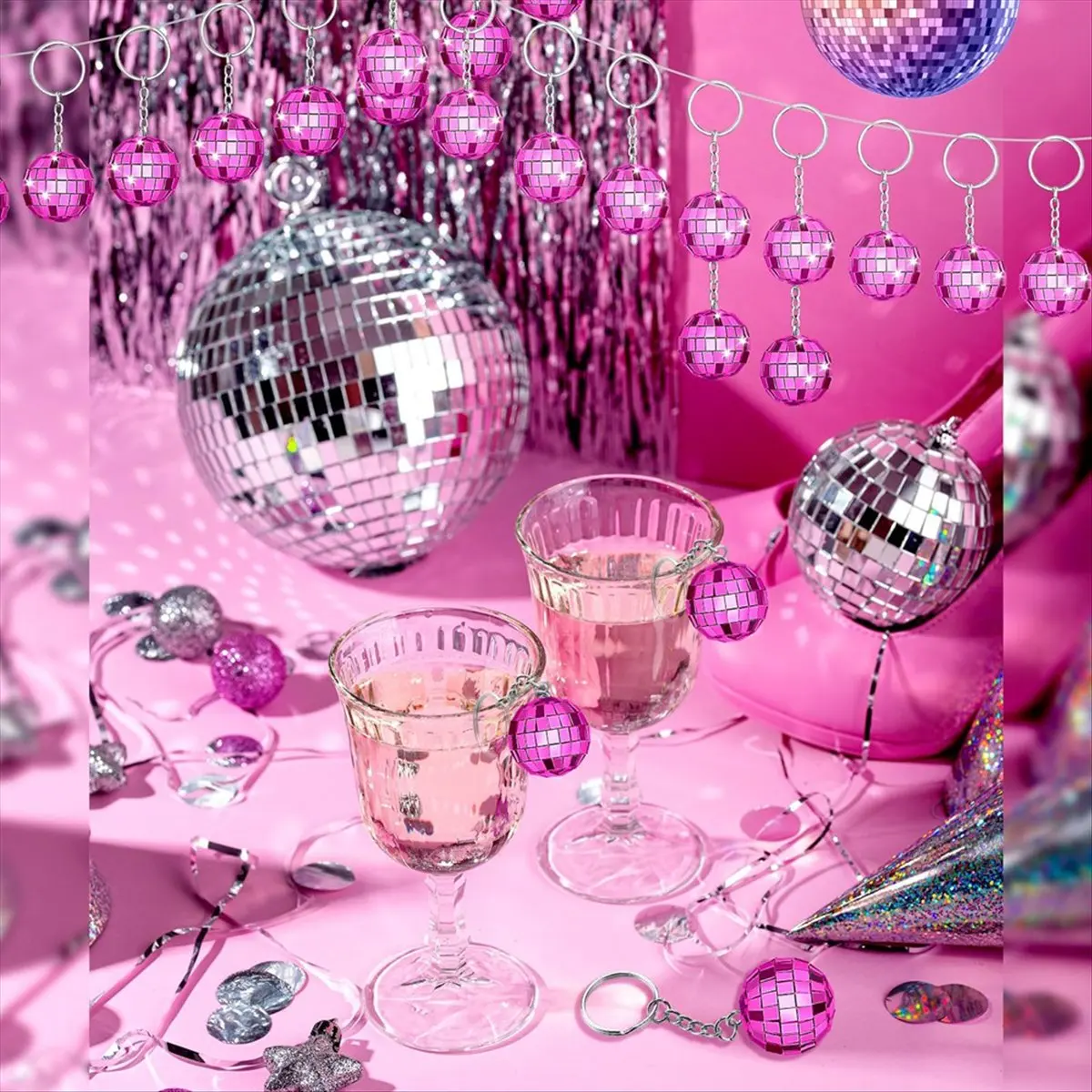 Fits for 25Pcs Disco Ball Keychain, Rose Red Disco Keychains Bulk, Mini Disco Ball Key Chain Party Favors for Party Decorations