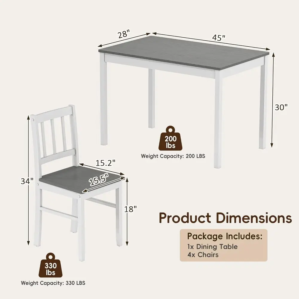 طقم طعام من الخشب الصلب بأربعة مقاعد، طاولة مطبخ مدمجة مع كراسي، مثالية للمساحات الصغيرة، رمادي وأبيض #2
