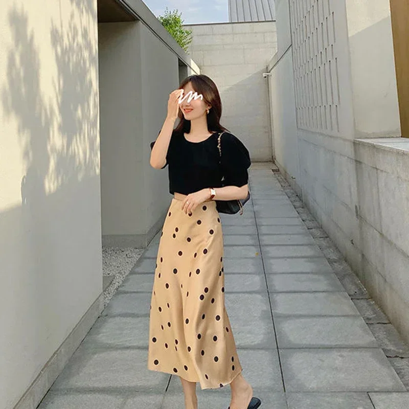 Lucyever Silk Satin High-Waisted Skirt For Women Summer Elegant Dot Printing Long Female Korean Office A-Line Skirts MN1