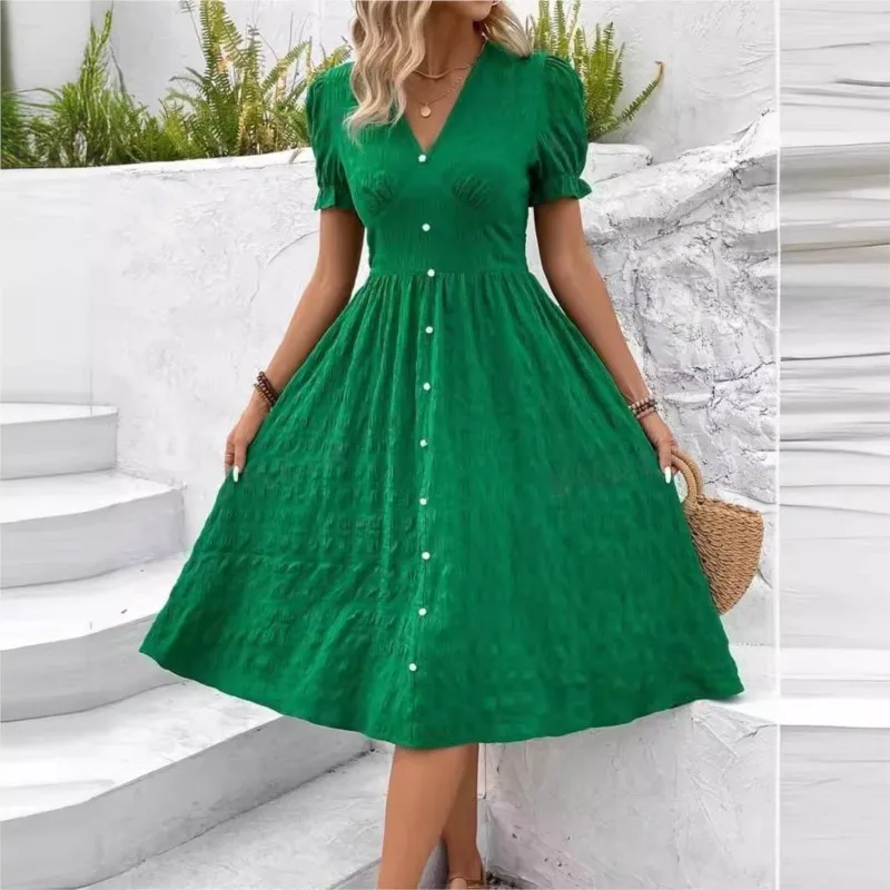 New Solid Color Dress 2025 Women's Summer Temperament Commuting V-neck Button Short Sleeved Green Dress A-line Skirt For Women 