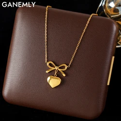 GANEMLY 316L Stainless Steel Gold Color Bowknot Heart Pendant Necklace For Women Fashion Neck Chain Waterproof Jewelry Gift