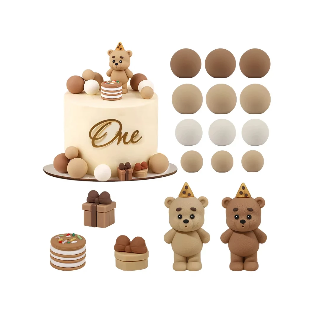 1 Stück Niedliches Bären-Kuchendekorations-Set mit Mini-Ballon Geschenkbox für Baby 1. Geburtstag Party Tortendekoration Zubehör – Detail 1