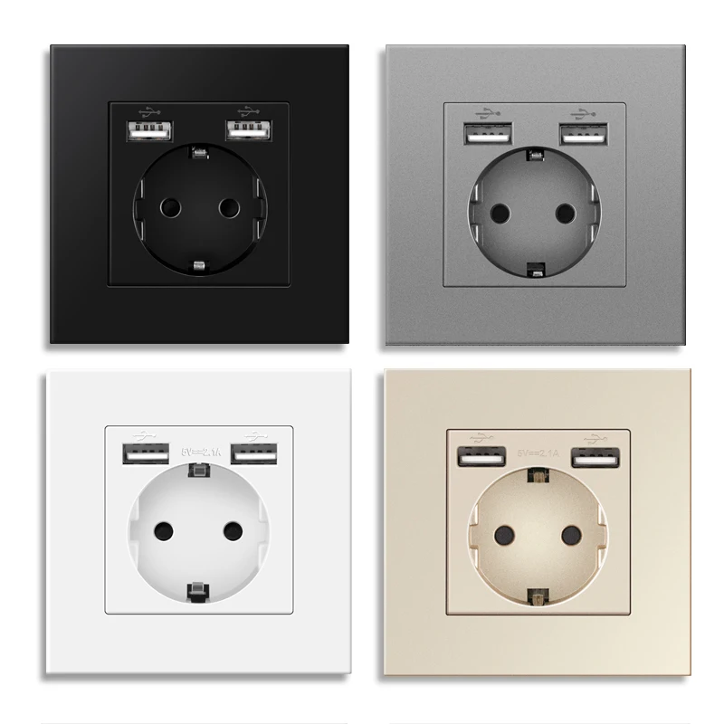 EU Standard Electrical Socket with USB Charging 5V 2A, Flame Retardant PC Panel 86*86mm Usb Wall Socket