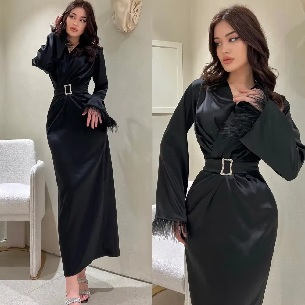 Customized Black Straight Prom Dresses Tea-Length V-Neck Full Sleeve Evening Dresses Simple Fashion Feathers Crystal Sashes