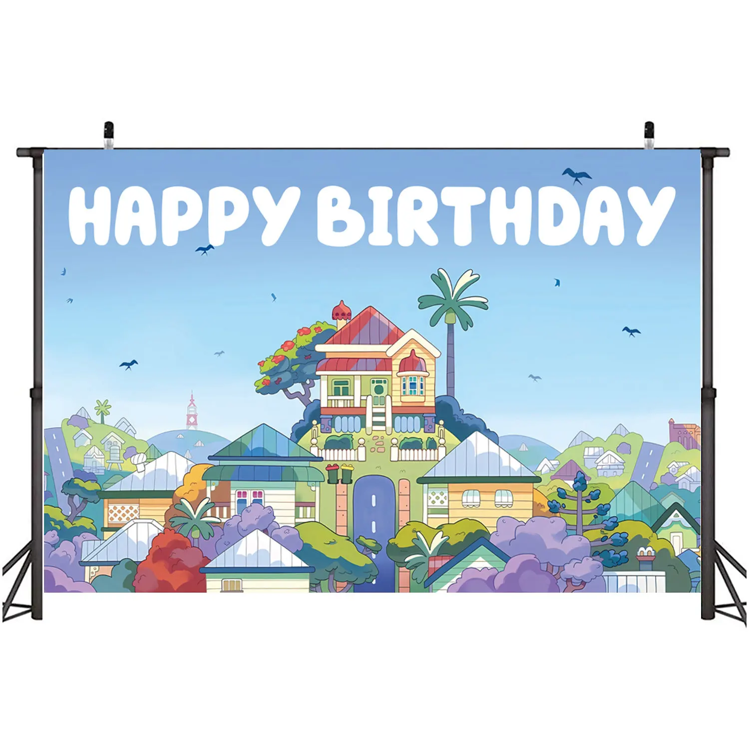 Blue Dog Theme Backdrop Cartoon Sky Building Background Banner for Boy Girls Birthday