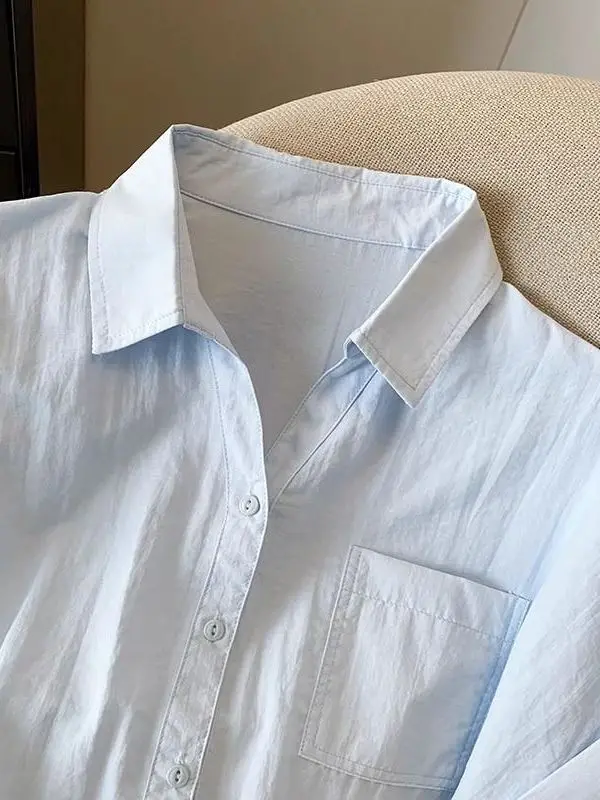Camisa azul de manga corta con cuello  para mujer, blusa holgada y versátil de verano, blusa súper hermosa para figuras p...