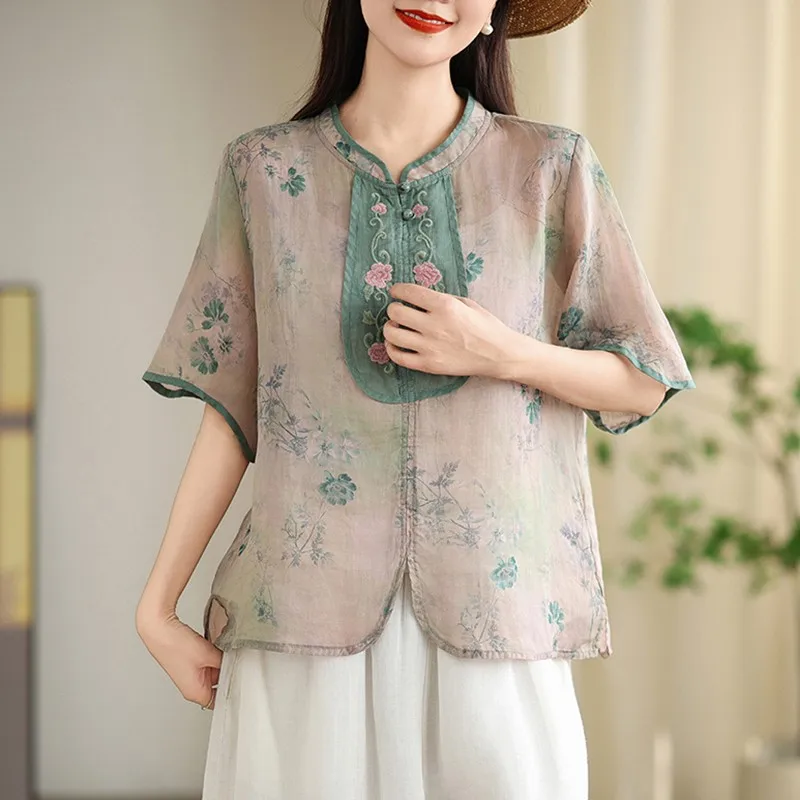 Women Summer Casual Shirt New Arrival 2024 Chinese Style Vintage Floral Embroidery Loose Female Short Sleeve Tops Shirts B3880