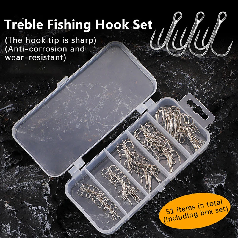 50pcs/Lot Treble Fishing Hook Set In Box High Carbon Steel Barbed Hooks Fishing Tackle Black/Silver FishHook Size 10#8#6#4#2#