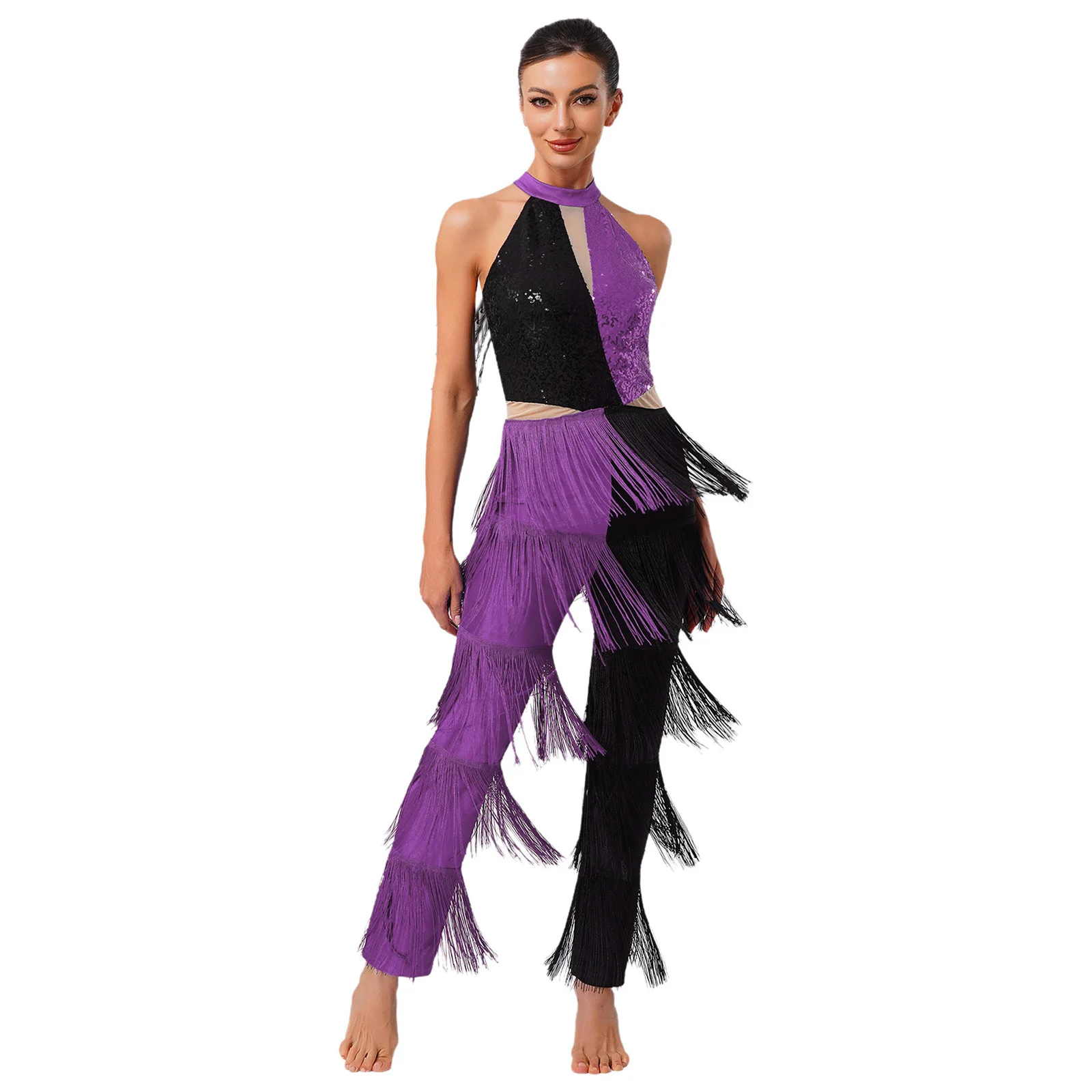 

Women Latin 70s Disco Dance Bodysuits Sequin Tassel Fringe Long Pants Contrast Color Jumpsuit Party Latin Stage Performance Wear