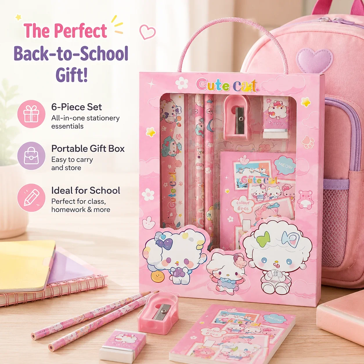 6 Piece Stationery Gift Set for Kids School Writing Supplies Portable Kit with Pencil Ruler Eraser Sharpener Notepad