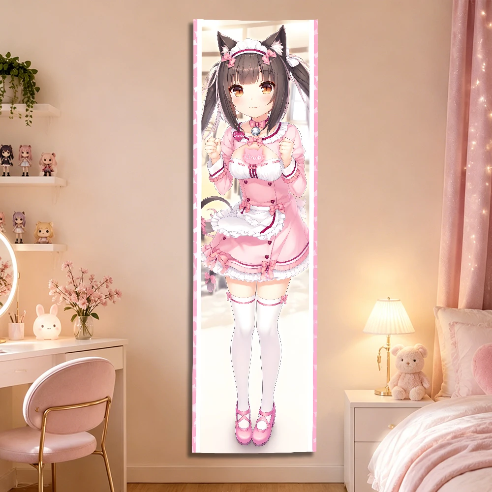 Nekopara Vertical Tapestry, Long Strip Full‑Body Cat‑Ear Maid Character Wall Hanging, Sweet Pink Polyester Wall Cloth for Bedroo