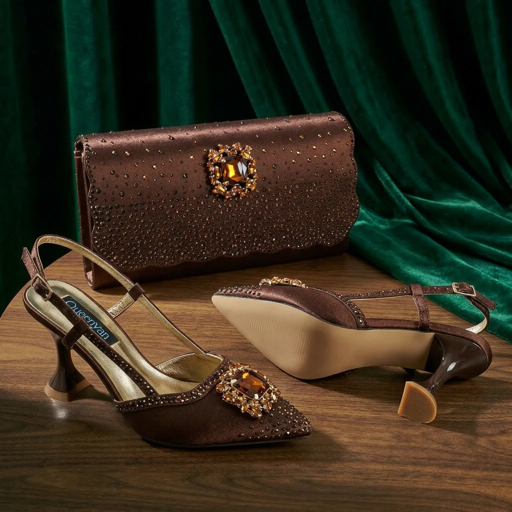 Women'S Evening Bags - QueenYan Braune Satin-Strass-Slingback-Pumps mit spitzer Zehenpartie