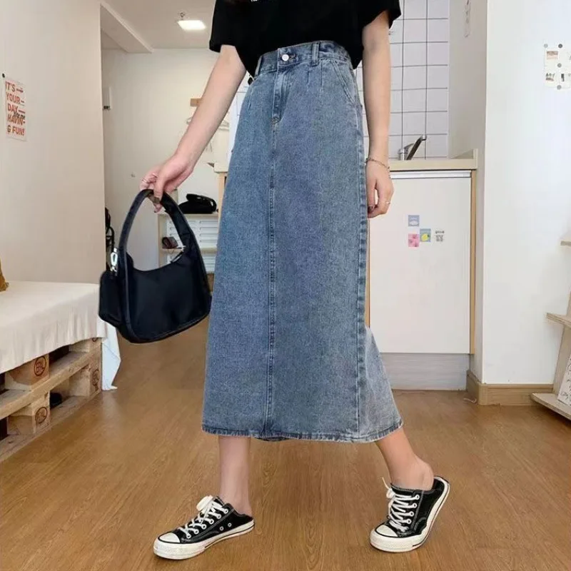

Юбки с эластичной резинкой на талии, женские джинсовые уличные повседневные женские однотонные новые винтажные юбки до середины икры в стиле Харадзюку, корейские универсальные трапециевидные формы