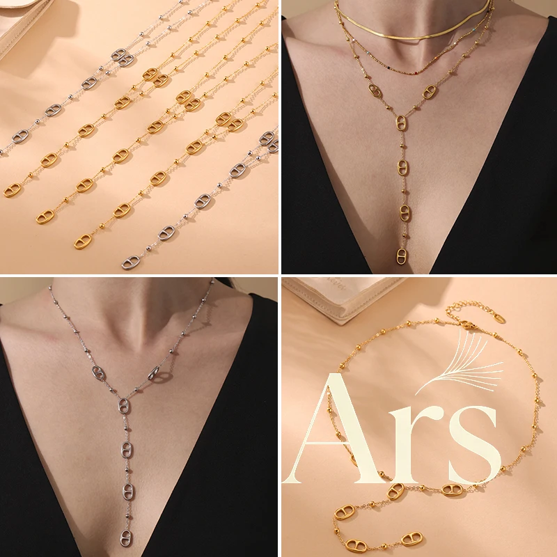 Collier en Y en acier inoxydable Ars plaqué or 18 carats avec pendentif nez de cochon, collier pour femme, collier à nouer, collier long étanche