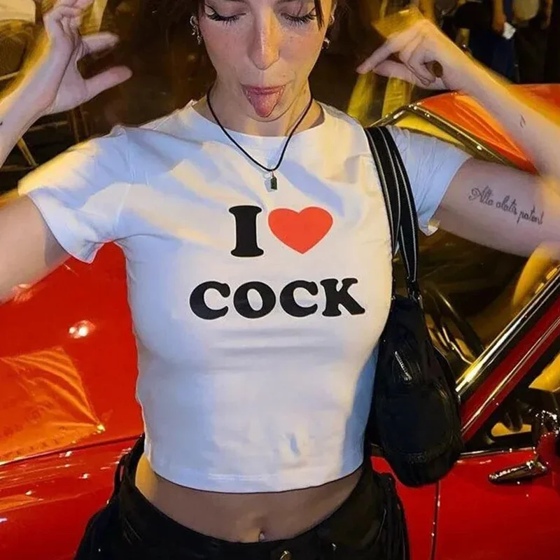 2000s الجرونج س الرقبة المرأة تي شيرت Kawaii الملابس Y2k المرأة المحاصيل الأعلى أنا القلب الديك خمر الطفل المحملة مثير ملابس للنادي وتتسابق #2