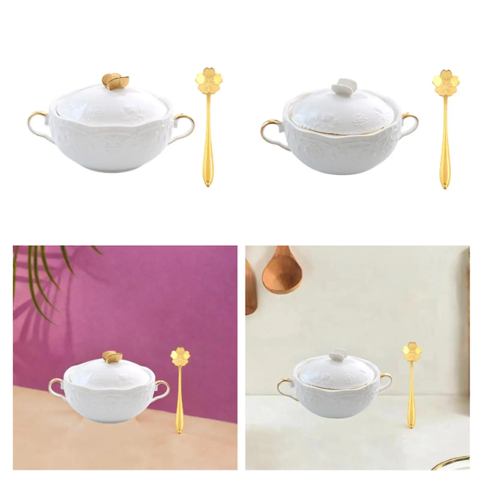 Elegant Ceramic Soup Bowl with Lid and Spoon French Onion Soup Serving Bowl for Kitchen Dinnerware view 4