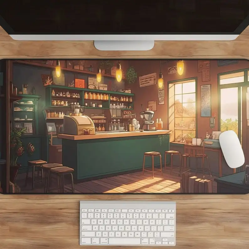 Kawaii Anime Desk Mat Coffee Shop Art XL Gaming Desk Pad Aesthetic table Mat Cute office Mouse Pad Desk Accessories Mousepad