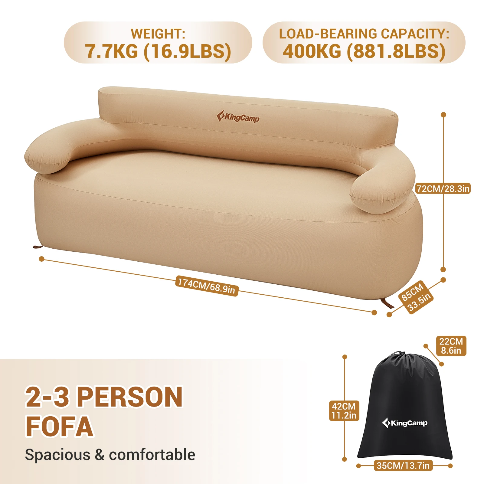 KingCamp Inflatable Sofa, Double Inflatable Chair For Adults, Portable Air Sofa For Indoor Living, Tent Camping