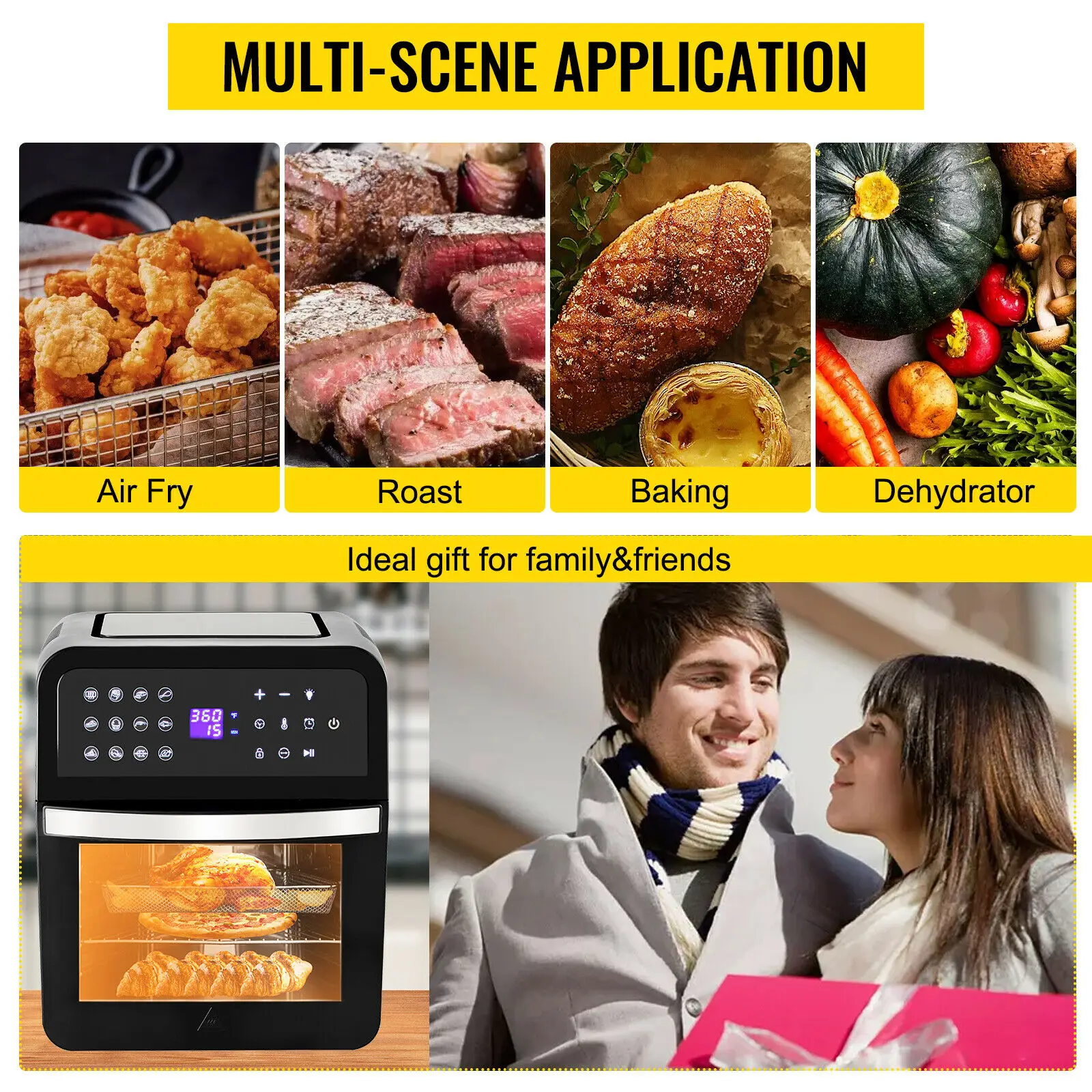 1700W Mini Electric Air Fryer Oven Tabletop Kitchen Toaster with Rotisserie for Pizza Roast Chicken Bread Party Home Use