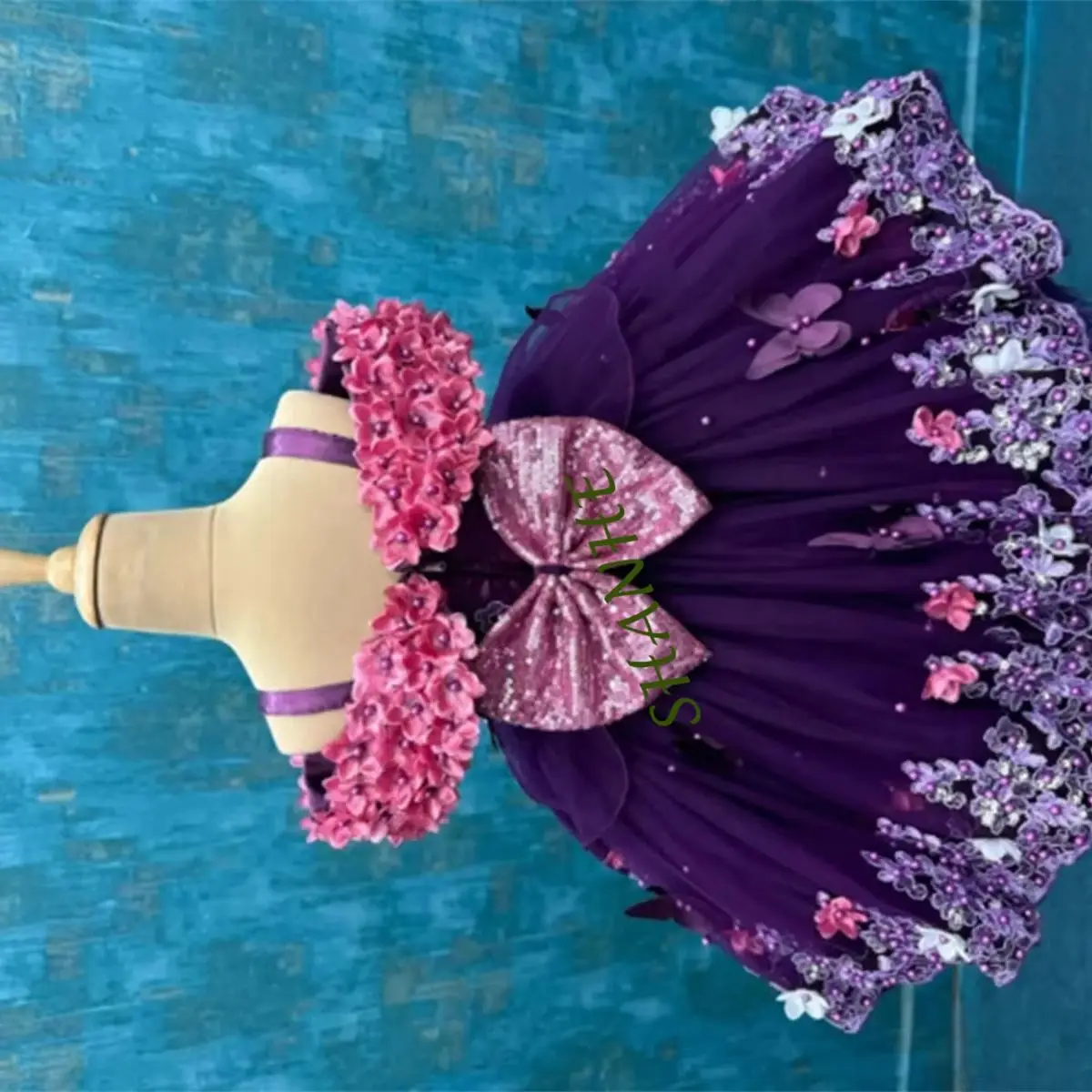 

CustomizedPurple Flower Girl Dresses For Wedding 3D Flower Pearls Appliques Luxury Birthday Party First Communion Gown