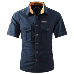 New Men Summer Short Sleeved Shirts Multi Pockets Military Tooling Shirts Quality 100% Cotton Male Outdoor Casual Shirts Size 5X
