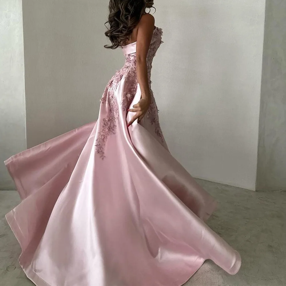 Customized Exquisite Boat Neck Satin Sleeveless A-Line Evening Dress Crystal Panel Train Pleats Flowers Photo Color Floor Length