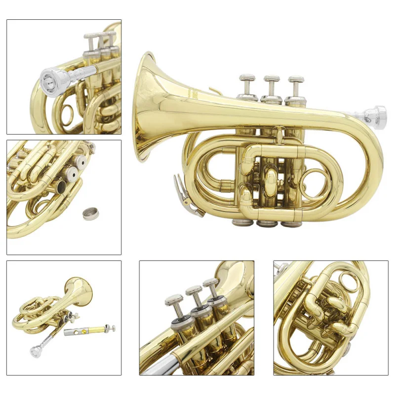 Mini Pocket Trumpet Bb Flat Brass Wind Instrument with Mouthpiece Gloves Cleaning Cloth Carrying Case