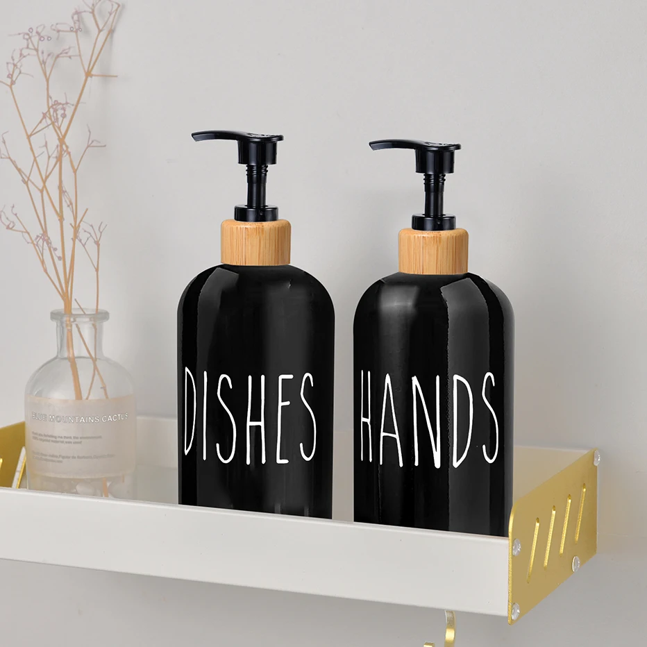 Glossy Black White Hands and Dishes Dispenser Set Kitchen Sink Countertop Caddy Organizer Soap Dispenser Bottle with Scrub Brush