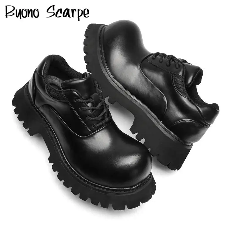 

2025 Unisex Style Round Toe Thick Sole Platform Chunky Heels Men Pumps Solid Color Lace Up Large Size Fashion Western Punk Shoes