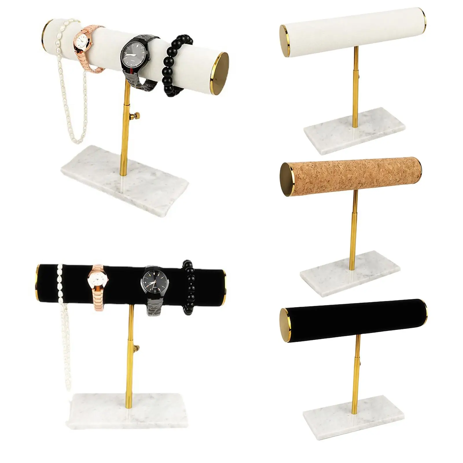 Jewelry Holder Organizer T Bar Velvet Display Stand Stainless Steel with Marble Base for Bracelets Bangles Watches Necklaces