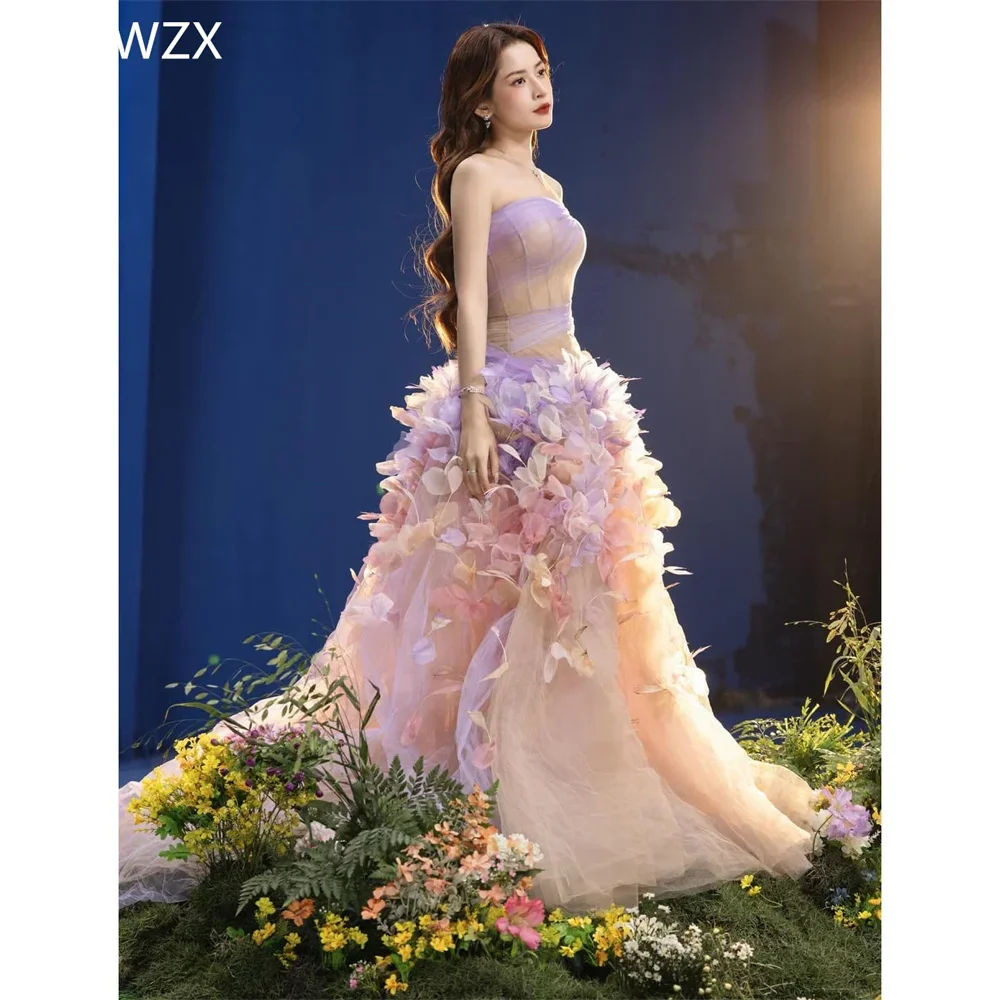 Customized Women Party Dress Occasion Prom YPMWZX Strapless A-line Floor Length Skirts Layered Draped Tulle Applique 3D Flower