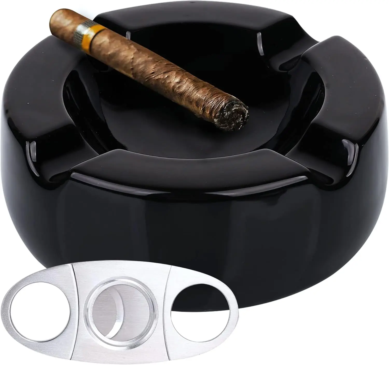 

Large Ceramic Cigar Ashtray 8.5 Inch Black Glossy with Cigar Cutter for Indoor Outdoor Patio Home Office Use