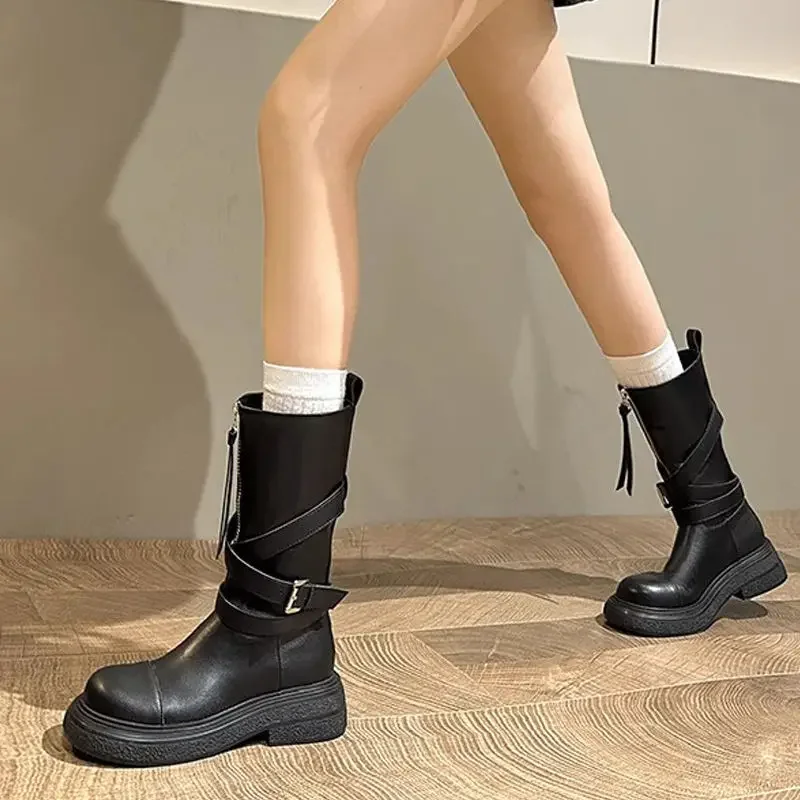 

Black Leather Mid Calf Shoes Woman Y2k Cosplay Hot 2025 New Half High Boots for Women on Offer Sale Chic and Elegant in Footwear