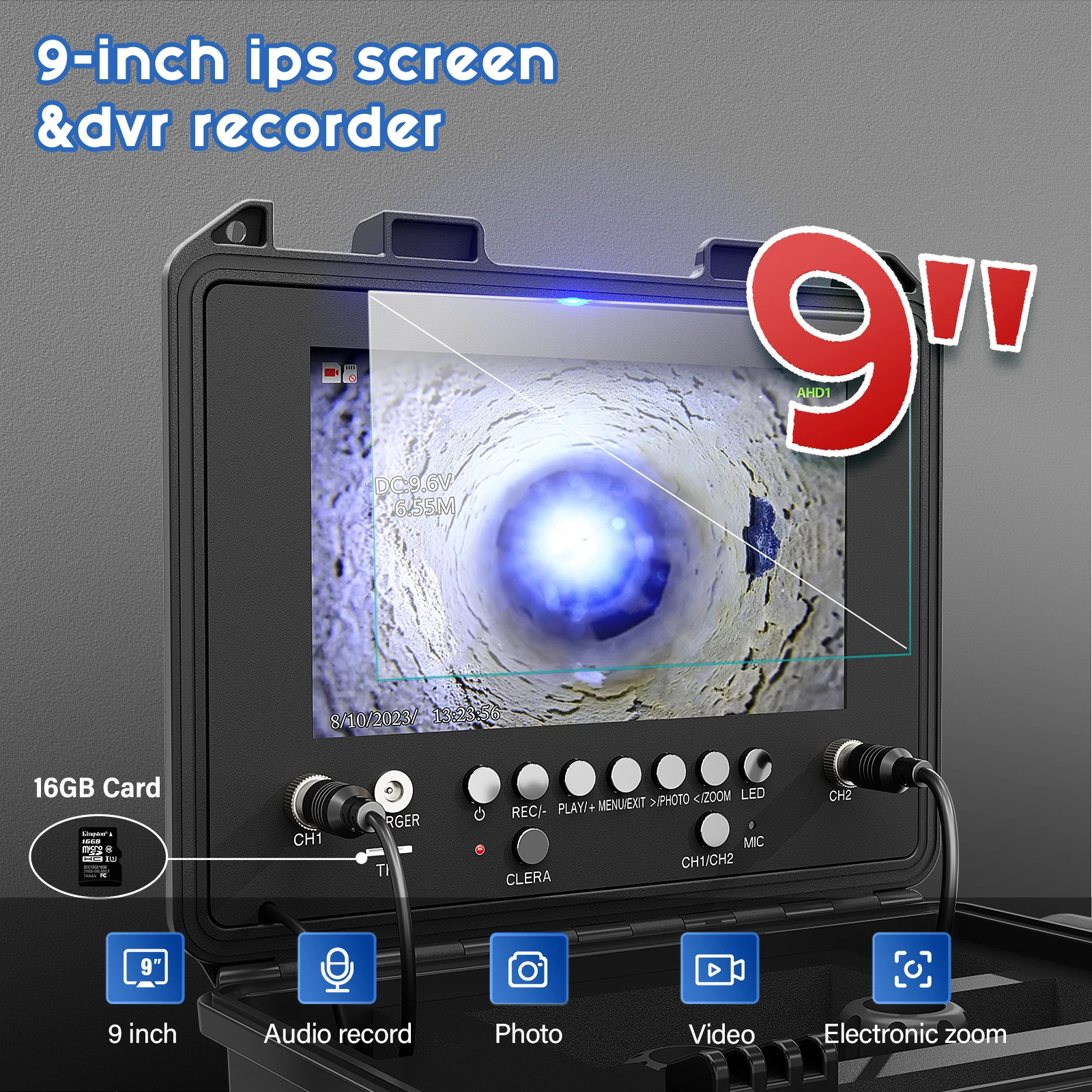 9“ IPS Sewer Pipe Inspection Camera Dual-Lens 1080P Sewer Camera +Meter Counter+5/7MM Fiberglass Cable+512HZ Self-leveling