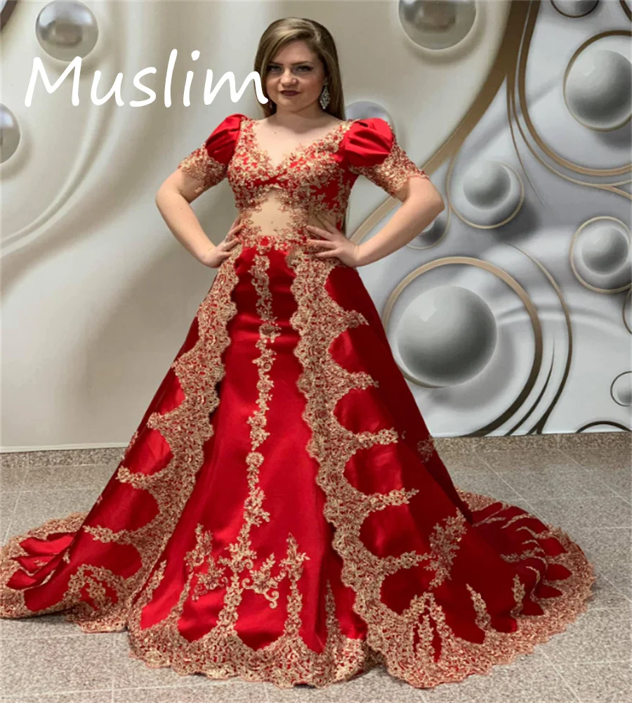 

Vintaeg Moroccan Arabic Evening Dress With Detachable Train Red Mermaid Prom Dress Turkey Lace 2 in 1 Robe De Mariée Customized