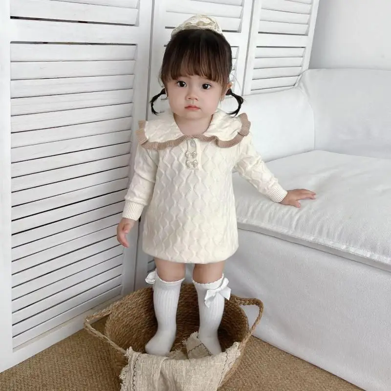

Winter Infant Baby Girls Long Sleeve Bodysuit Sweet Solid Thicken Cotton Knitted Jumpsuit Newborn Kids Baby Girls Clothes