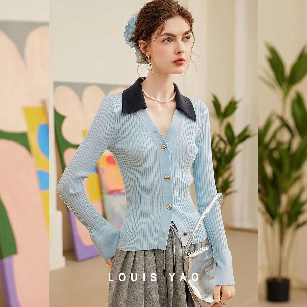 

LOUIS YAO Simple Turn-down Collar Contrast Color Cardigan 2025 Spring Elegant Single-Breasted Long-Sleeve Women's Knitwear