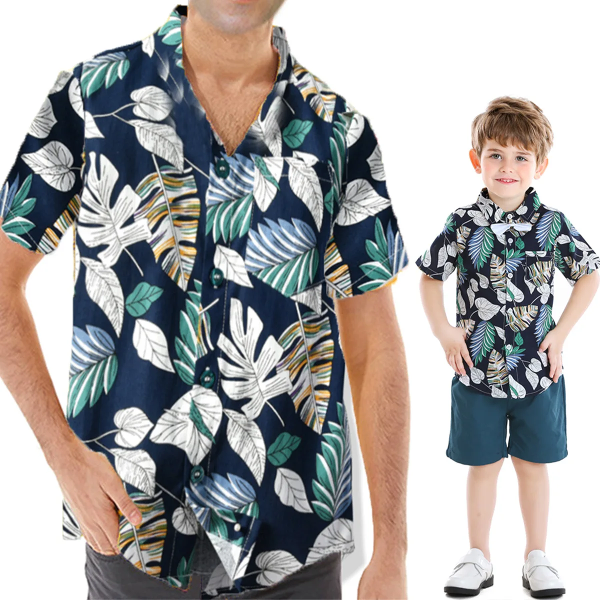 

Short-sleeved cotton shirt lapel beach holiday family all-matching printed casual cardigan