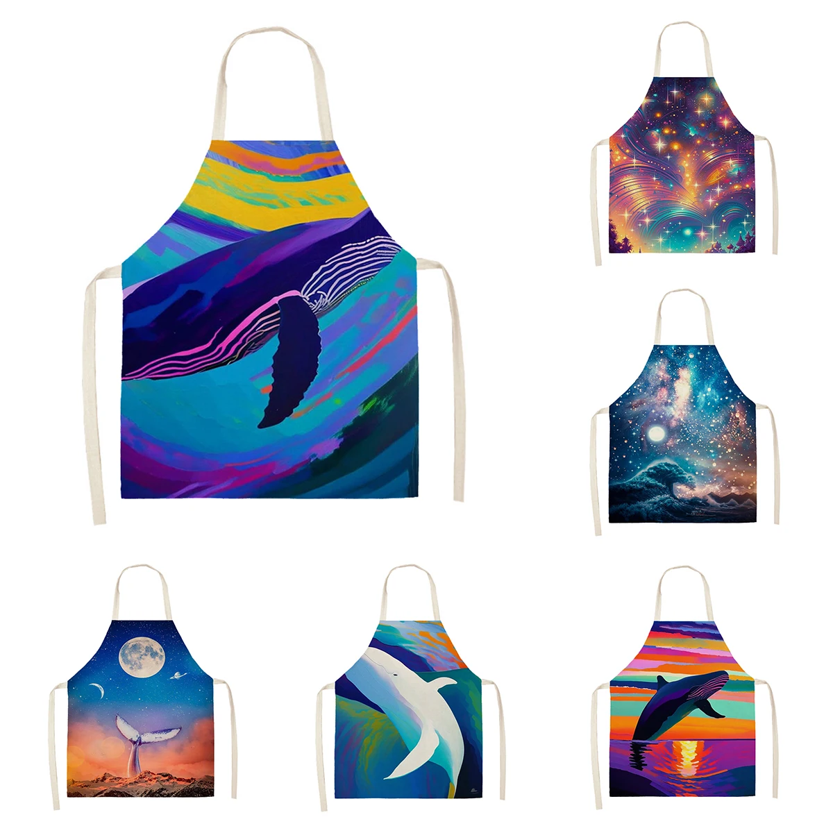 Women's kitchen apron oil painting style Restaurant chef barber Waterproof apron for menand child painting ocean shark 55×68cm