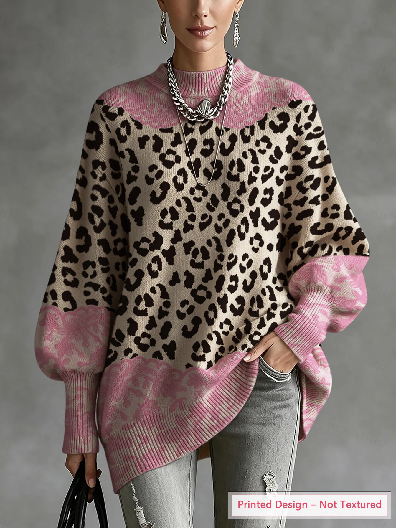 Women's Autumn and Winter Tops, Leopard Print Lace Patchwork Pattern, Irregular Hem, Lantern Sleeves, Thin Pullover Sweater